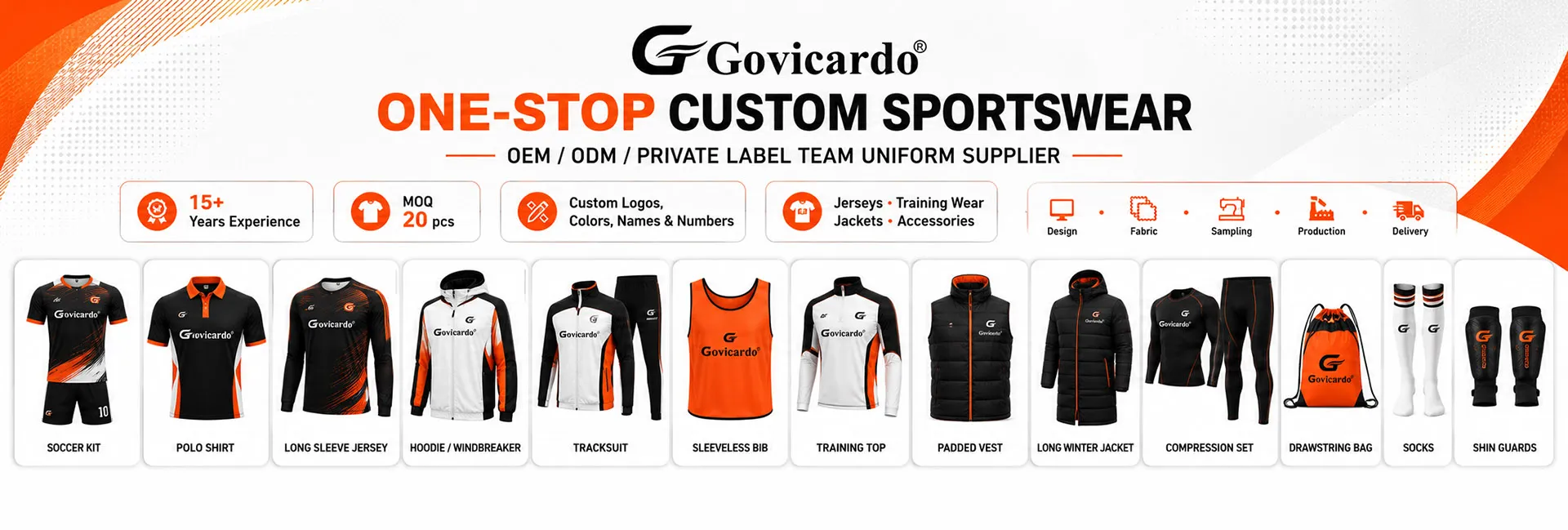 Govicardo one-stop custom sportswear manufacturer for OEM ODM team uniforms, soccer jerseys, training wear and sports accessories