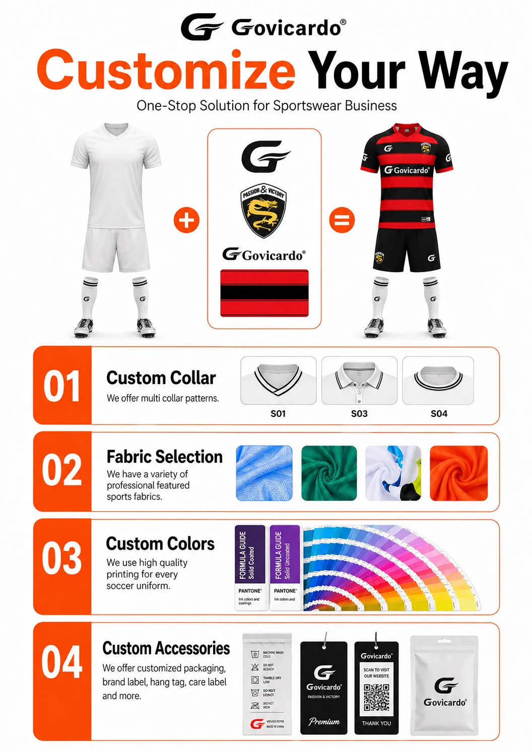 Custom sportswear with personalized collars, fabrics, colors, logos, labels and packaging