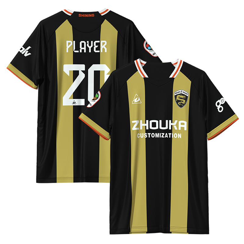Custom Retro Gold Black Jacquard Fabric Stripe Embroidery Breathable Vintage Soccer Jersey Sublimated Football Shirt