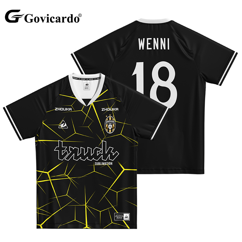 Custom Retro Soccer Jersey in Black Breathable Polyester Streetwear Football Shirt Sublimated Print Automated Cutting Design