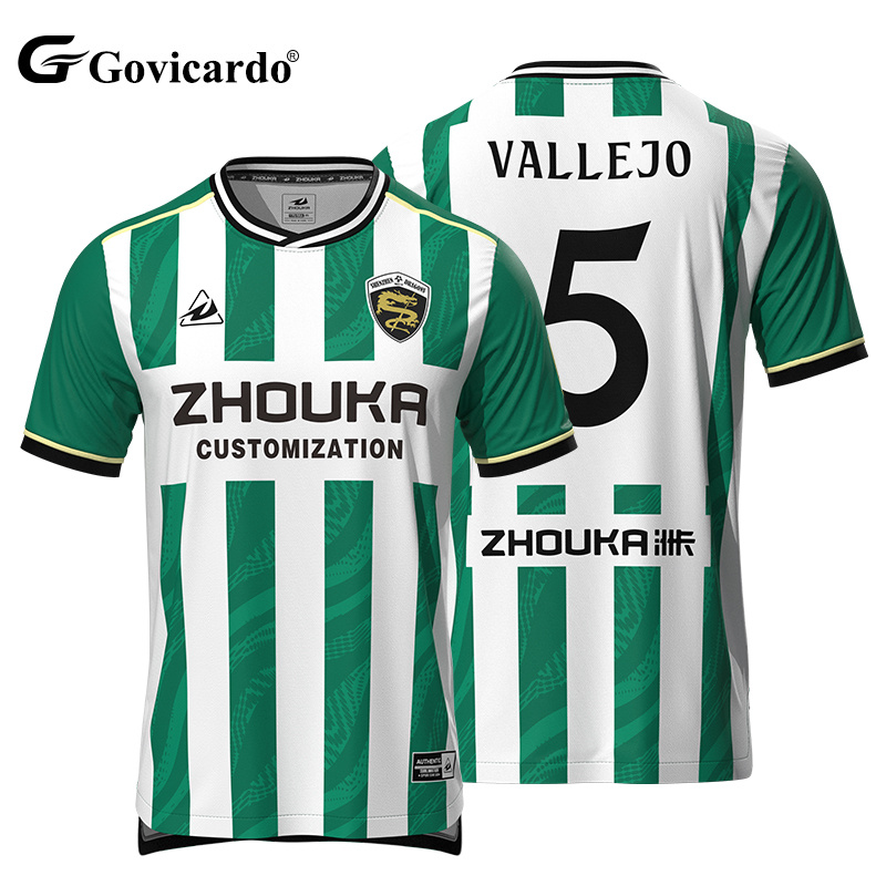 Factory Price Custom Polyester Recycled Jacquard Fabric Lightweight Striped V-neck Short Sleeve Breathable Quick Dry All Soccer