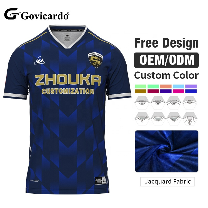 Factory Price Polyester Jacquard V-Neck Ribbed Cuffs Soccer Jersey Excellent Comfort Performance Team Uniforms Football Shirt