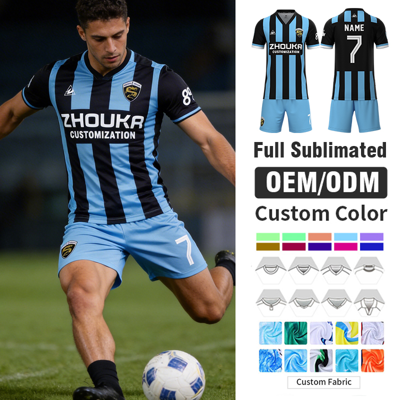 Factory Direct Striped Jacquard Soccer Jersey Set Free Design OEM Custom Sublimation Polyester Sports Team Uniform Football Kit