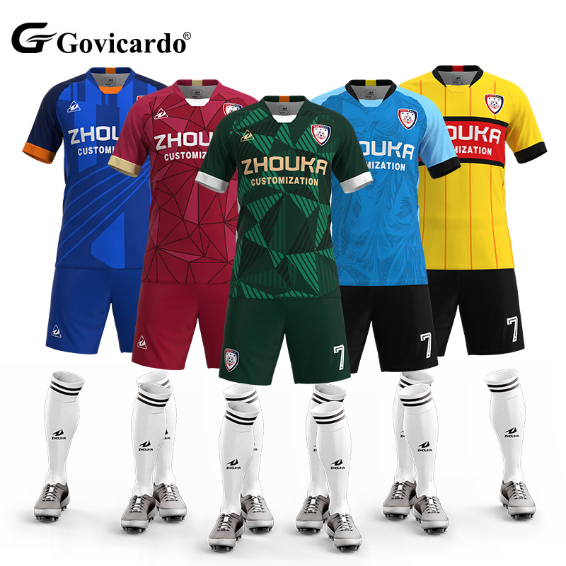 Custom Quick-Dry V-Neck Men's Soccer Uniform Set 100% Polyester Football Jersey Shirts with Sublimation Digital Print for Adults