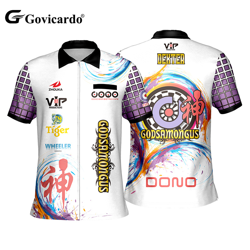Professional Custom Sublimation Polyester Short Sleeve Darts Jersey Full Zipper With Pocket Quick Dry Polo Darts Shirts for Team